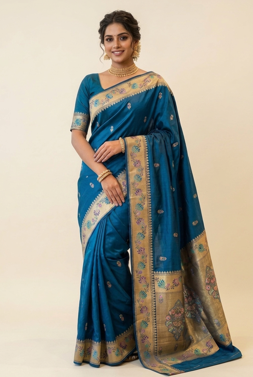 Royal Blue Banarasi Silk Saree with Alfi Border Pallu and Booti