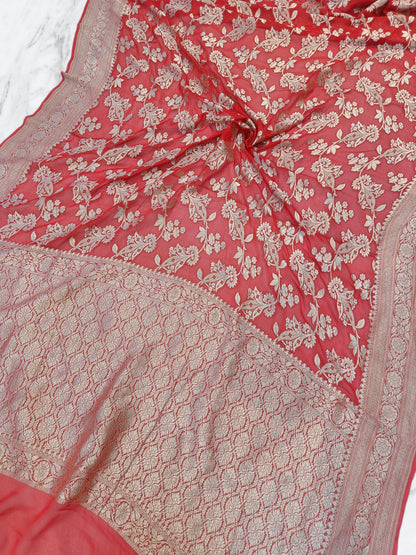 Georgette Khaddi Red Shikargah Handloom Banarasi Saree