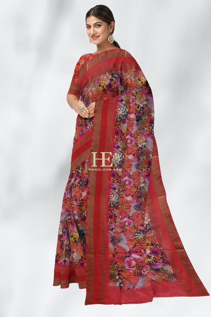 Red Pure Chanderi Digital Pint Saree