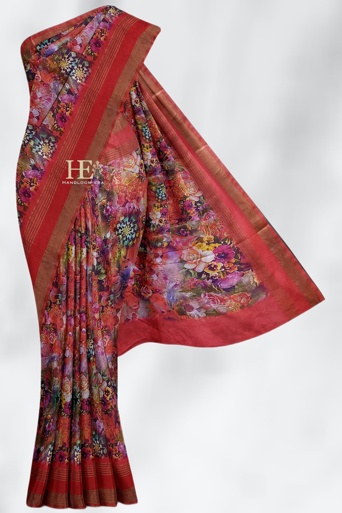 Red Pure Chanderi Digital Pint Saree