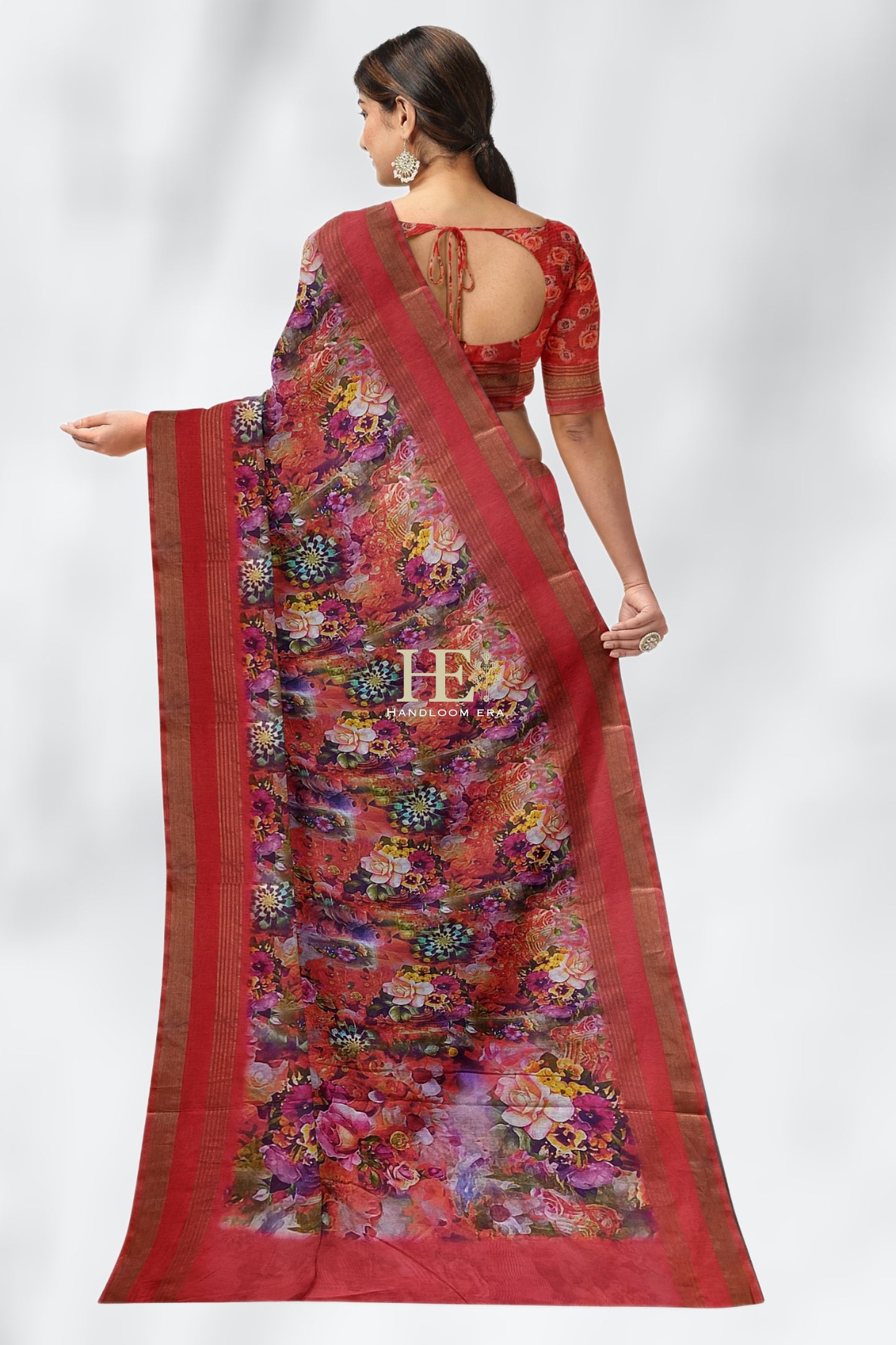 Red Pure Chanderi Digital Pint Saree