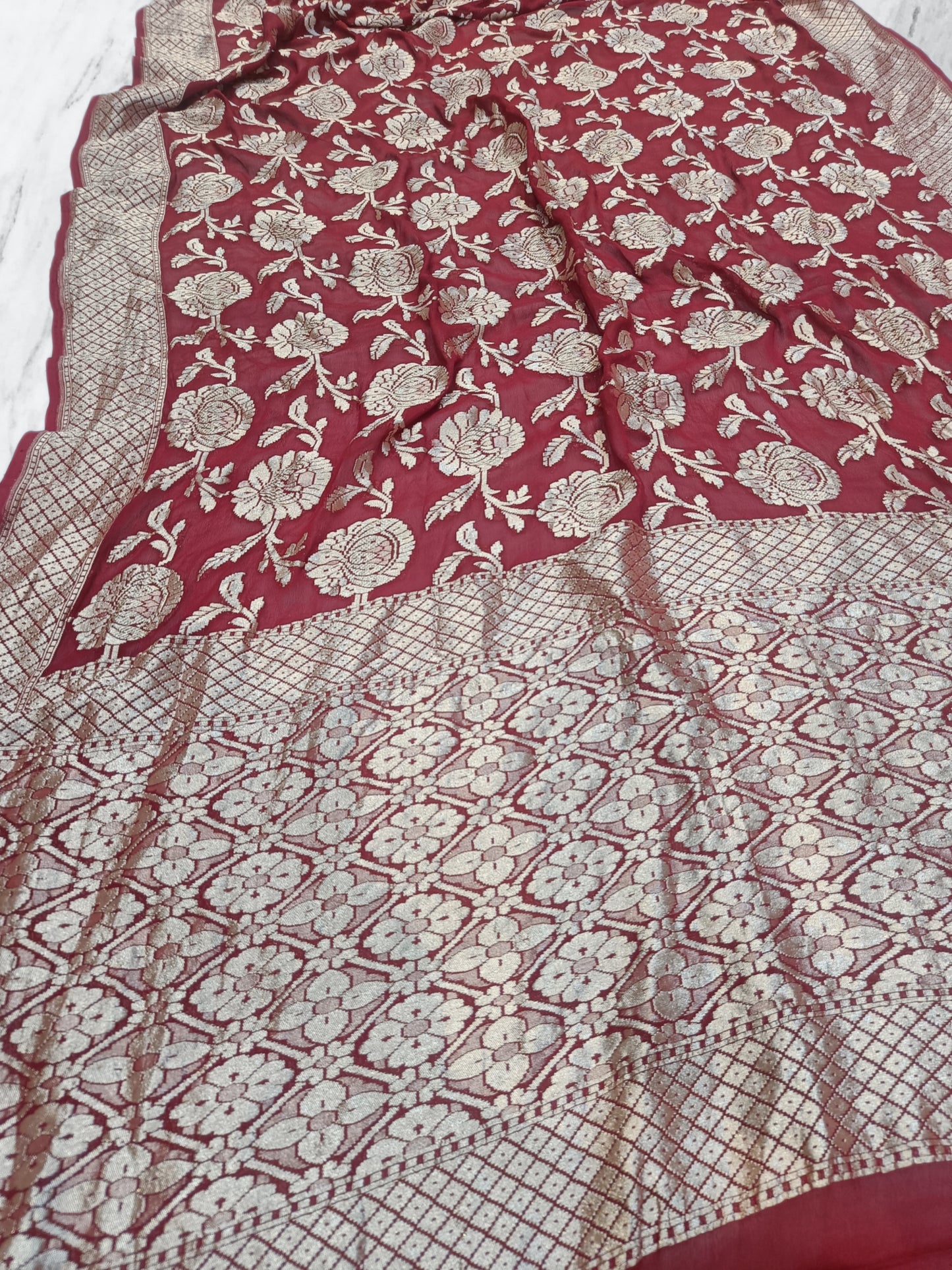 Georgette Khaddi Dark Red Shikargah Banarasi Saree