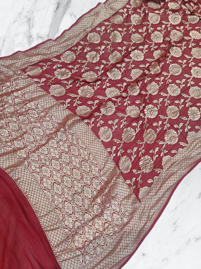 Georgette Khaddi Dark Red Shikargah Banarasi Saree