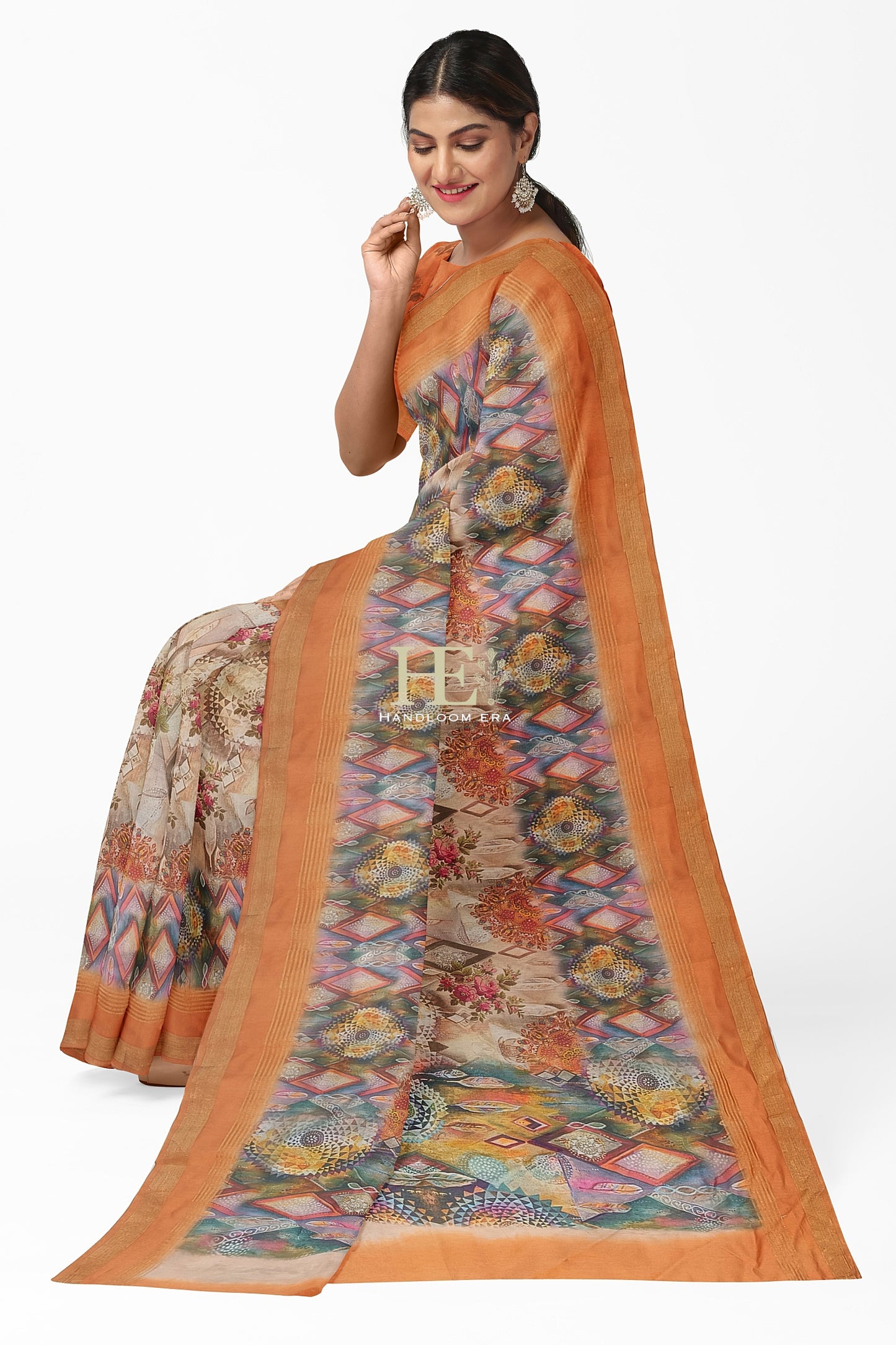 Orange Pure Chanderi Digital Pint Saree