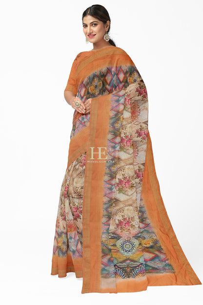 Orange Pure Chanderi Digital Pint Saree