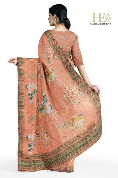 Peach Zari Check CottonSilk Digital Print Saree