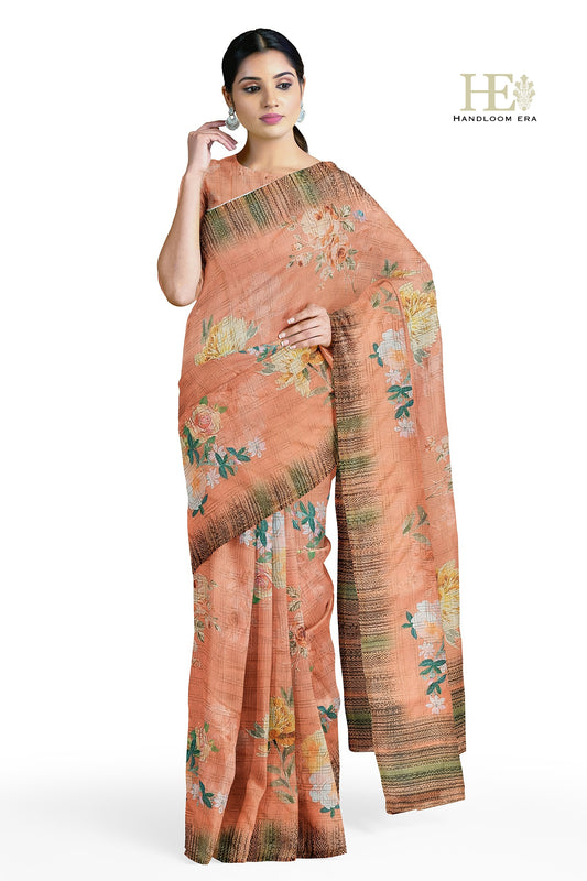 Peach Zari Check CottonSilk Digital Print Saree