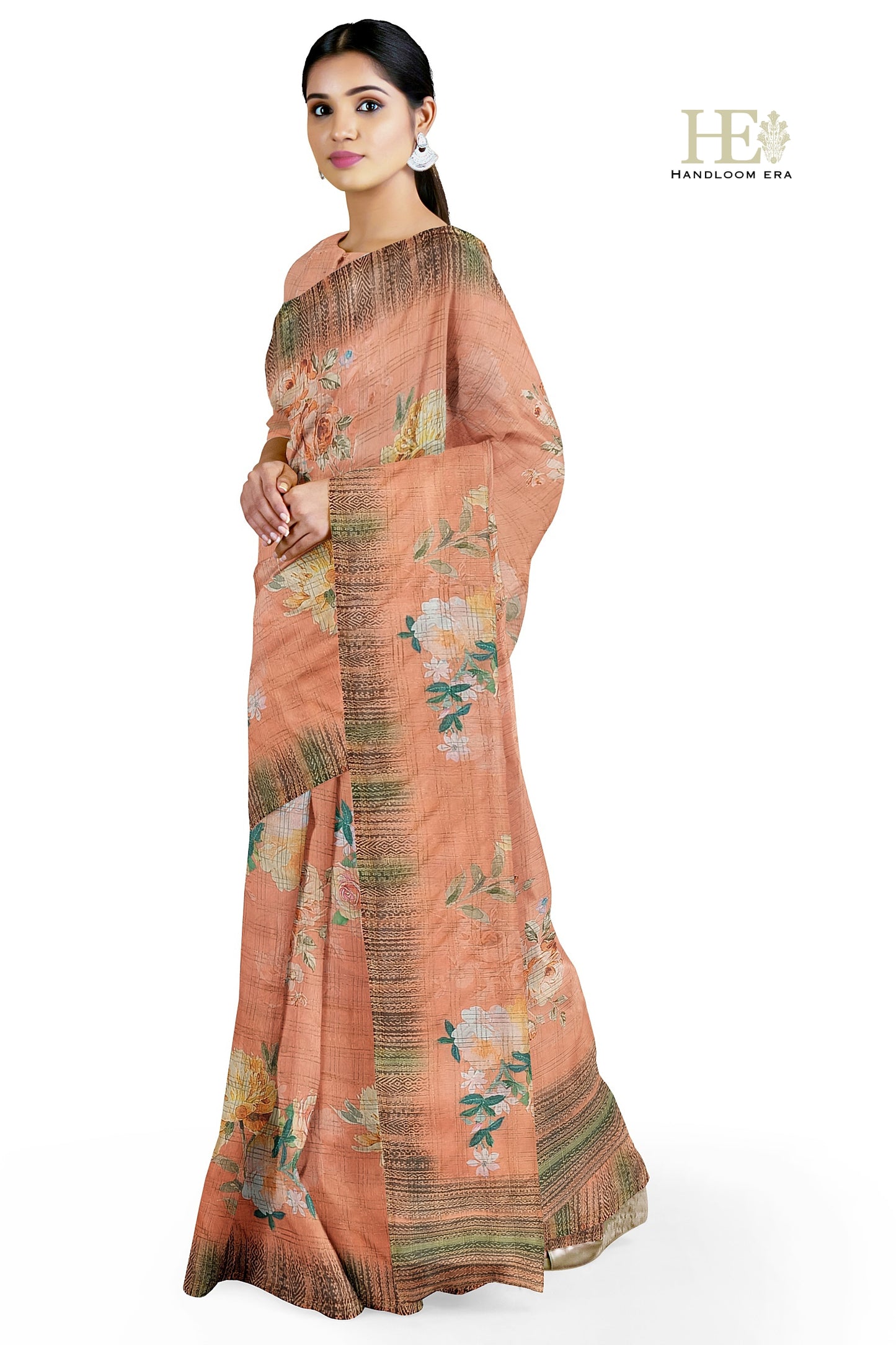 Peach Zari Check CottonSilk Digital Print Saree