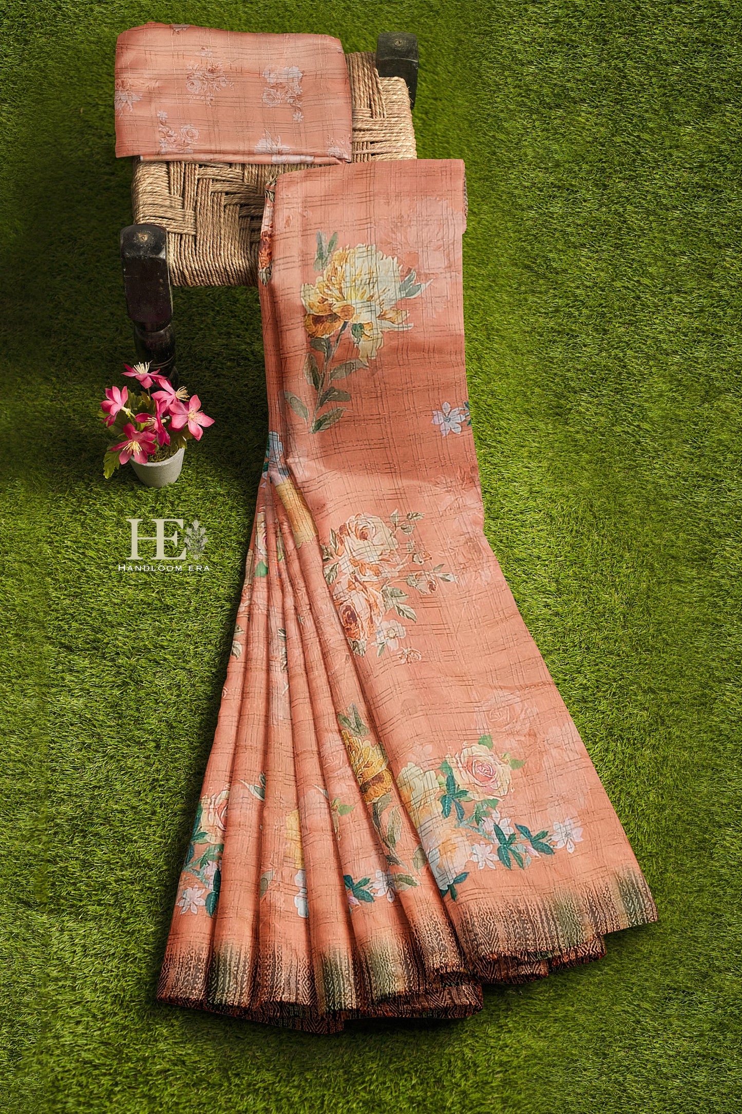 Peach Zari Check CottonSilk Digital Print Saree