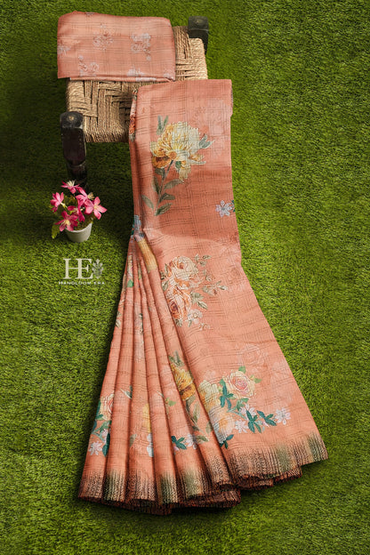 Peach Zari Check CottonSilk Digital Print Saree