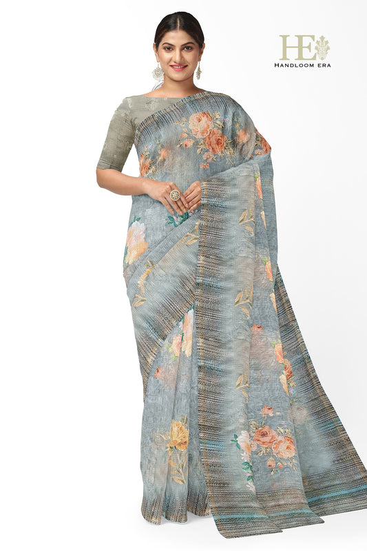 Grey Zari Check CottonSilk Digital Print Saree