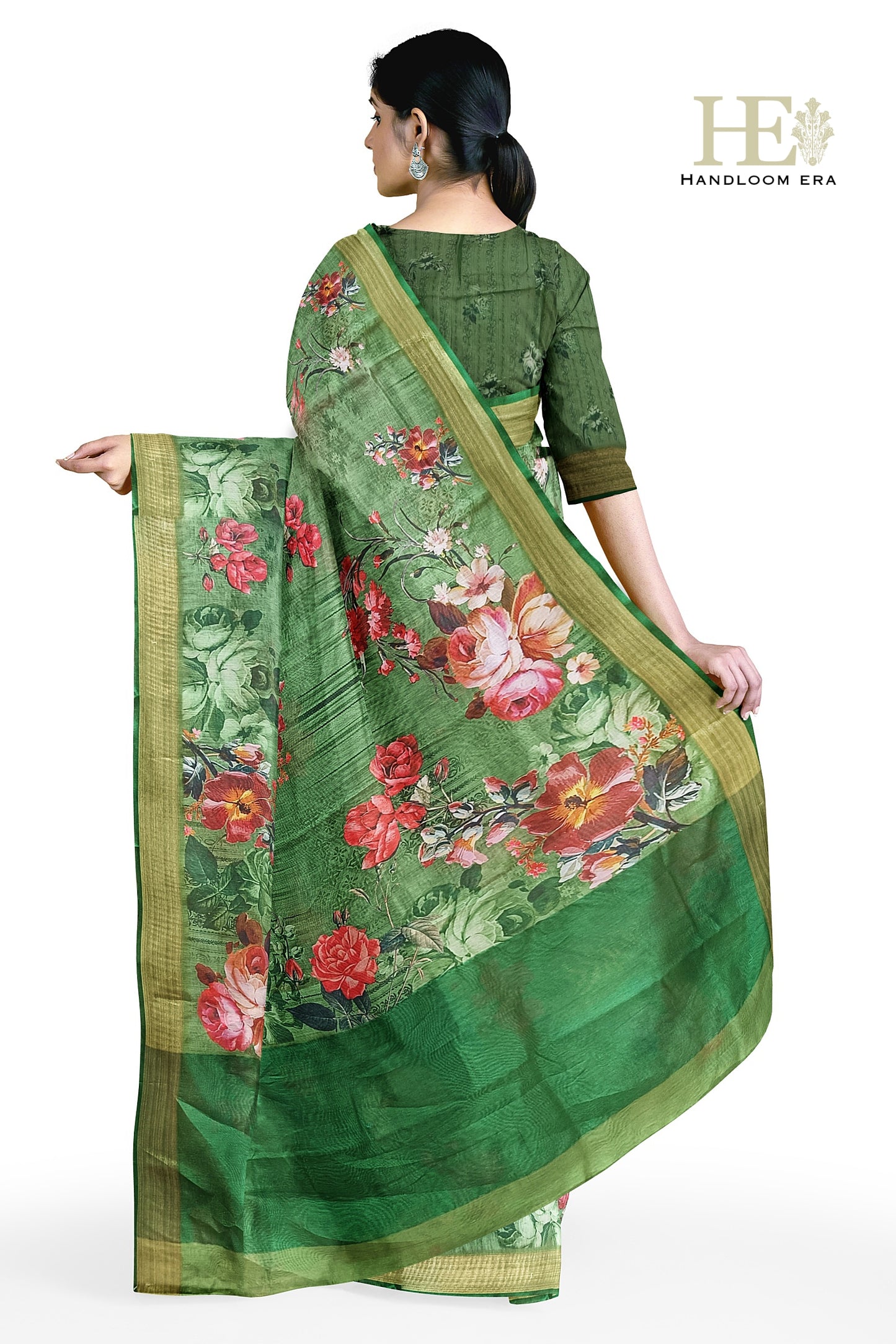 Green Semi Silk Zari Border Digital Print Saree