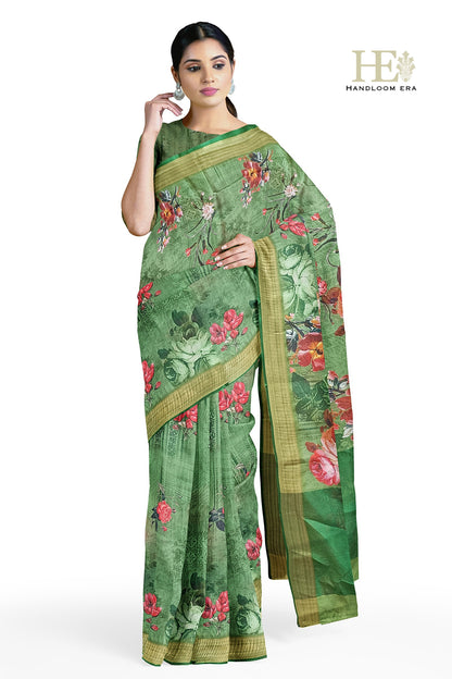 Green Semi Silk Zari Border Digital Print Saree