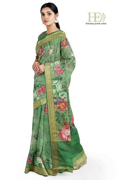 Green Semi Silk Zari Border Digital Print Saree