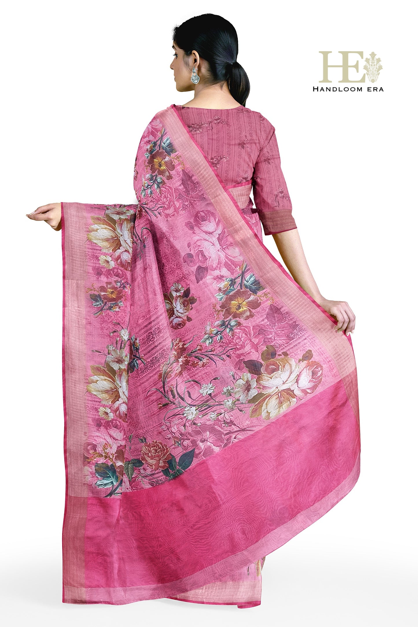 Pink Cotton Silk Zari Border Digital Print Saree