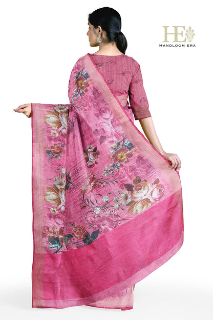 Pink Cotton Silk Zari Border Digital Print Saree