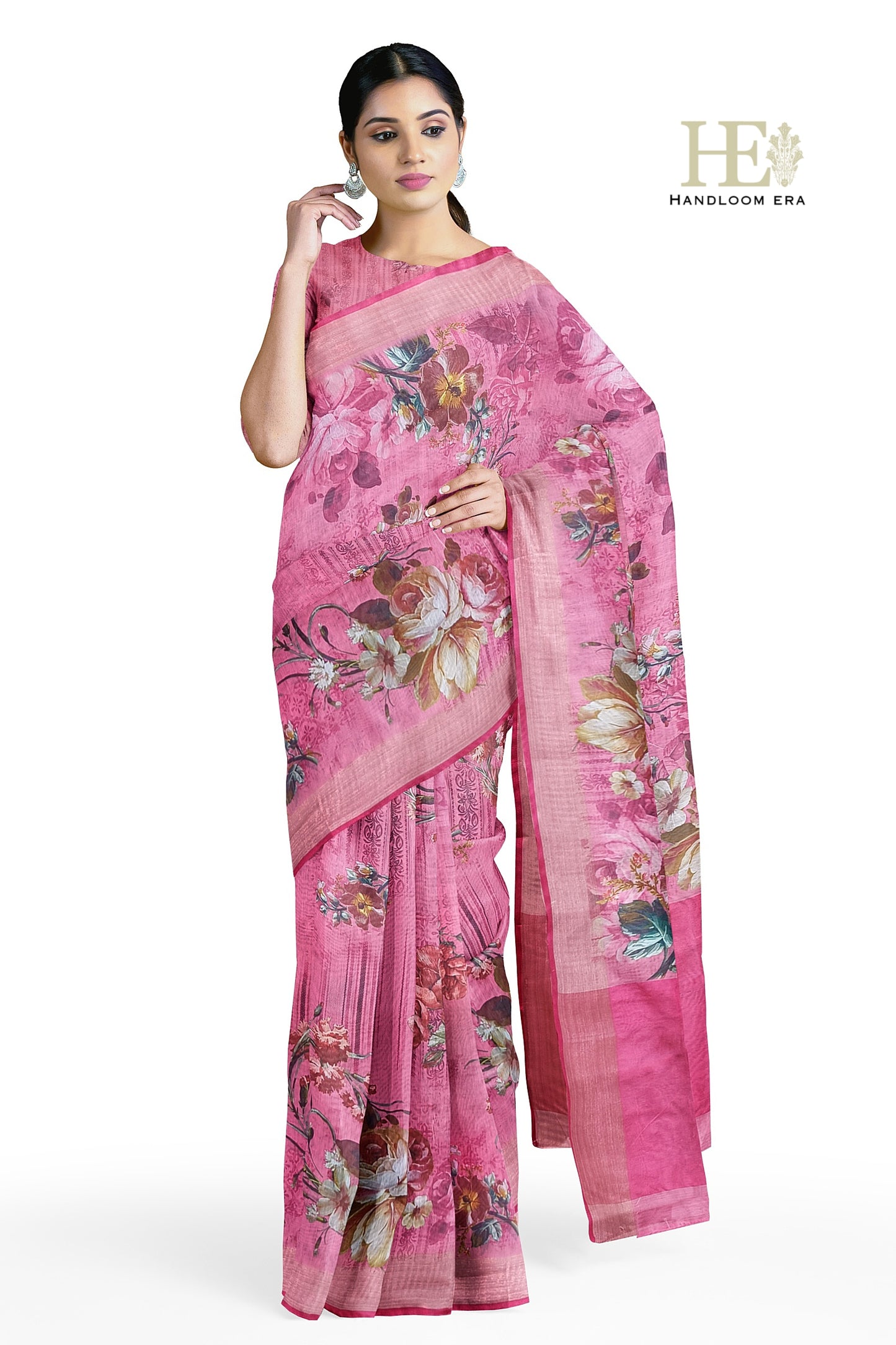 Pink Cotton Silk Zari Border Digital Print Saree