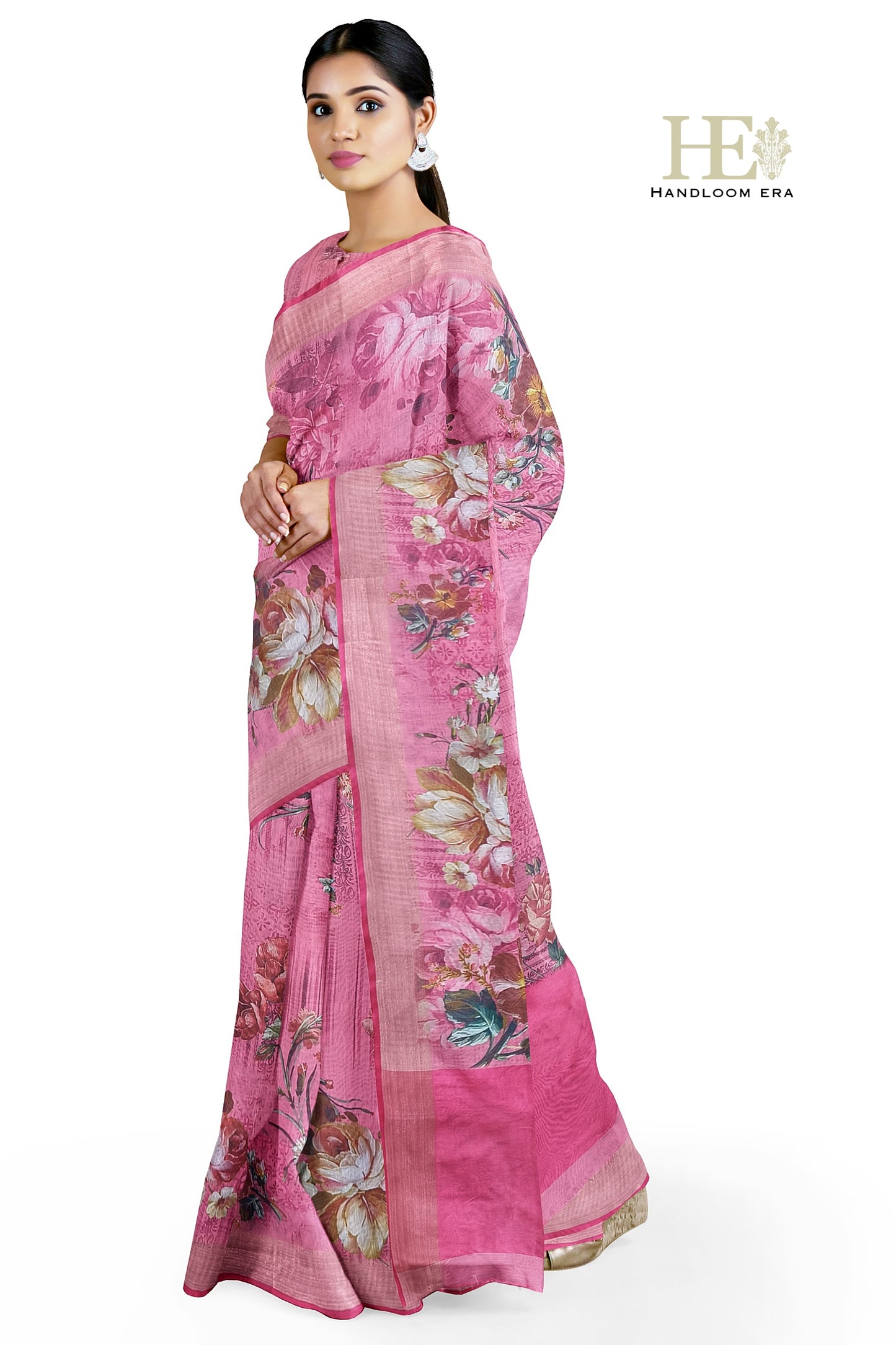 Pink Cotton Silk Zari Border Digital Print Saree