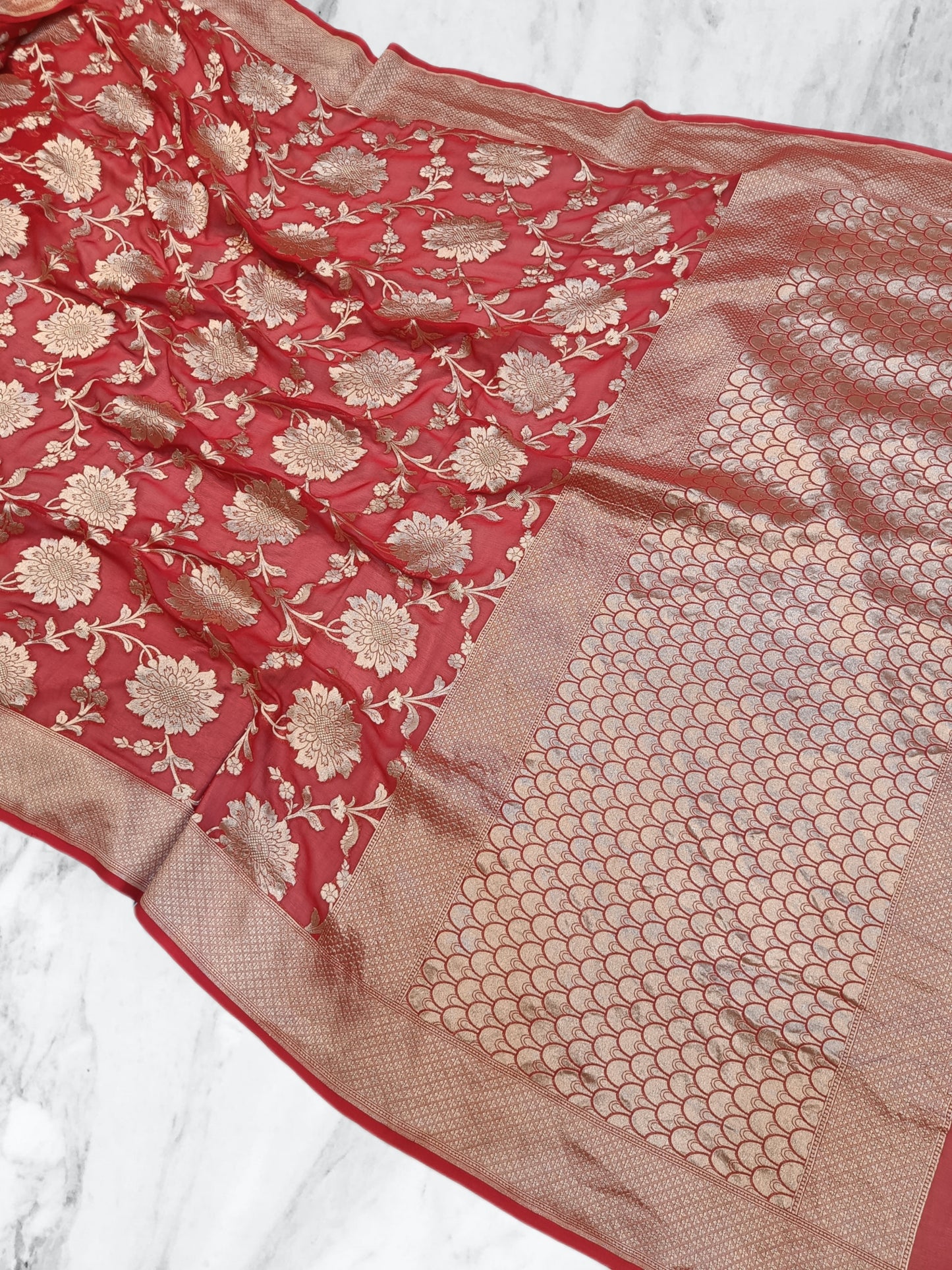 Khaddi Georgette Red Shikargah Handloom Banarasi Saree