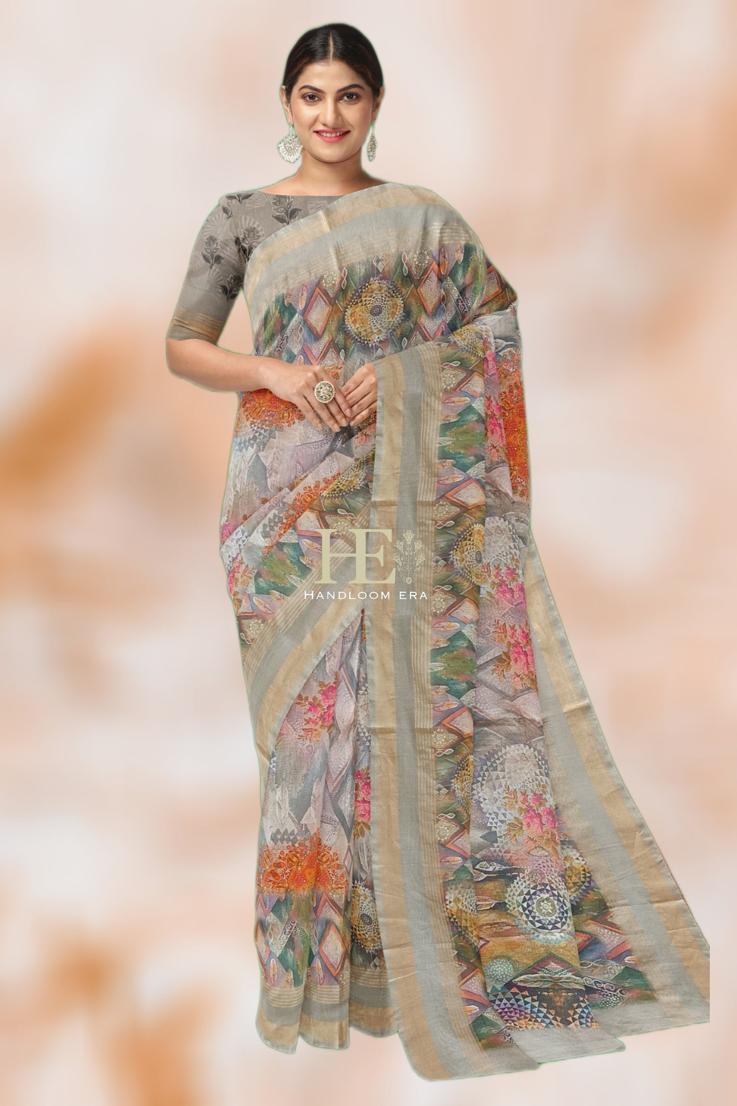 Fawn Pure Chanderi Digital Pint Saree