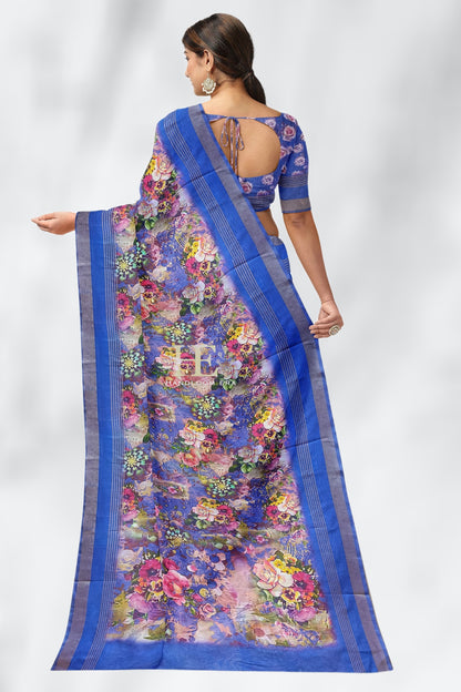 Royal Blue Pure Chanderi Digital Pint Saree