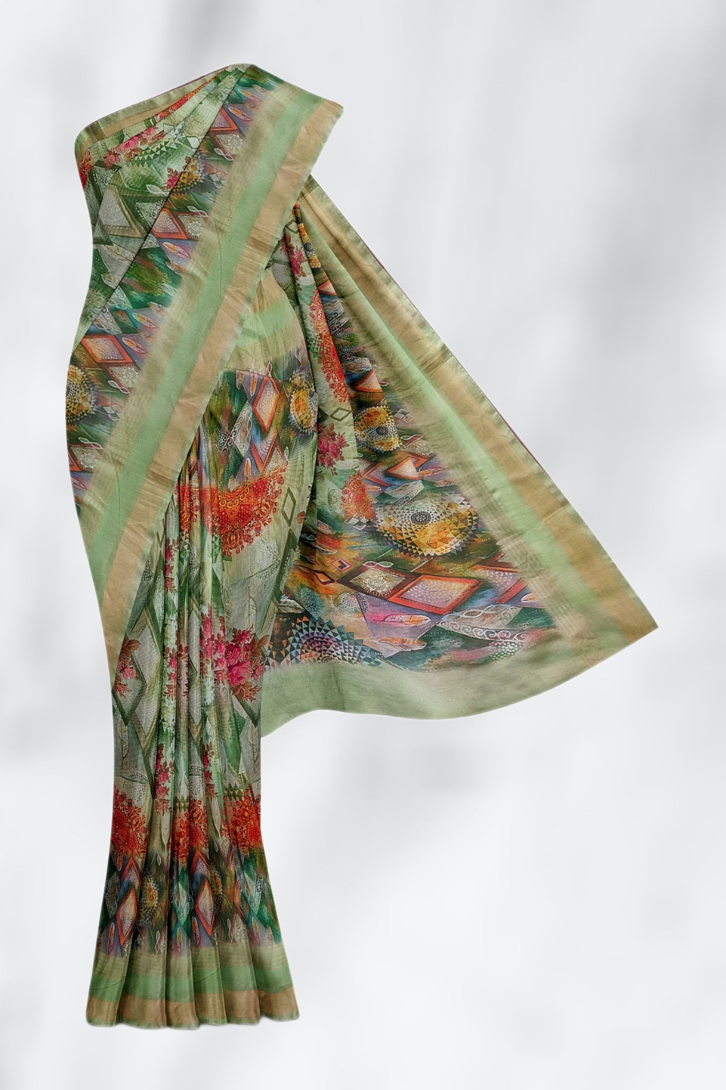 Pista Green Pure Chanderi Digital Pint Saree