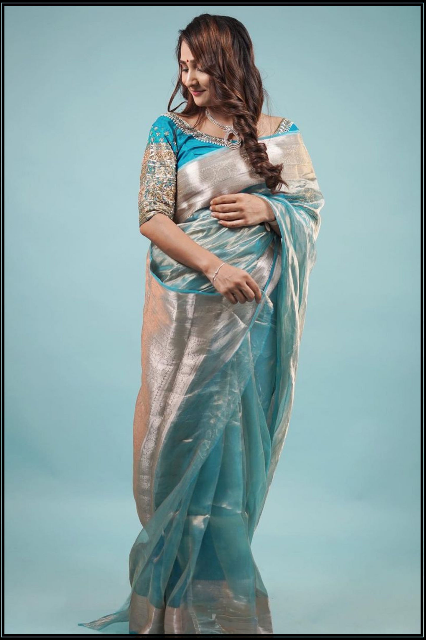 Ocean Blue Tissue Banarasi Saree