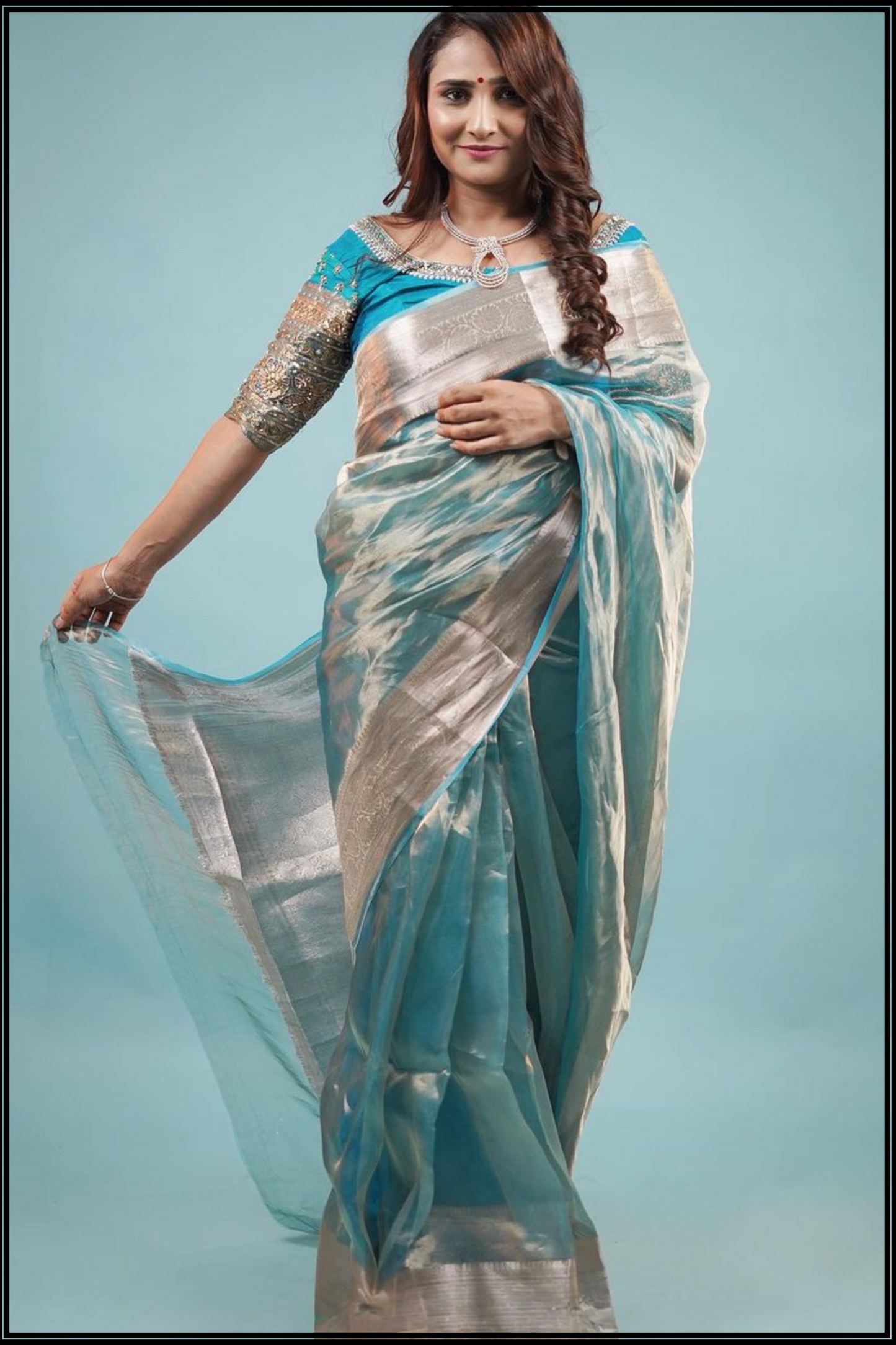 Ocean Blue Tissue Banarasi Saree