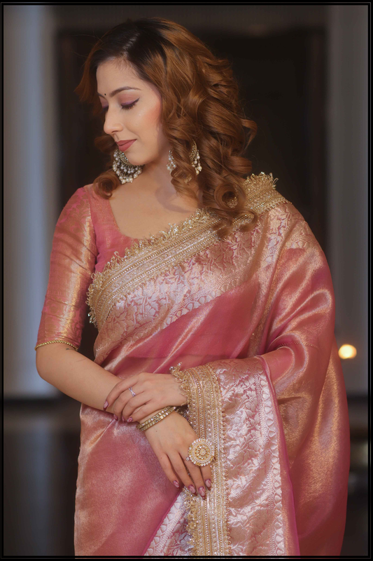 Pink Tissue Banarasi Saree With Lace work