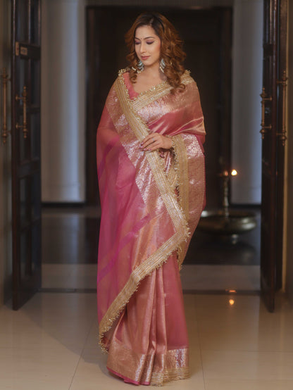 Pink Tissue Banarasi Saree With Lace work
